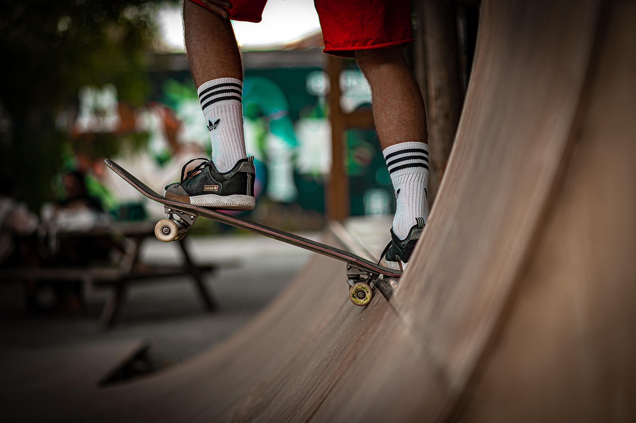 A concrete skatepark with ramps on a quiet morning